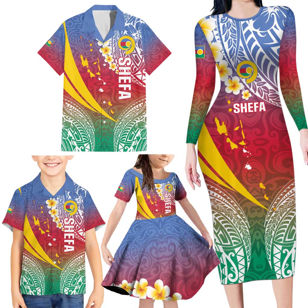 Shefa Province Family Matching Long Sleeve Bodycon Dress and Hawaiian Shirt Vanuatu Pattern Map - Plumeria Flag Color