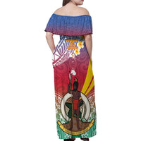 Shefa Province Family Matching Off Shoulder Maxi Dress and Hawaiian Shirt Vanuatu Pattern Map - Plumeria Flag Color