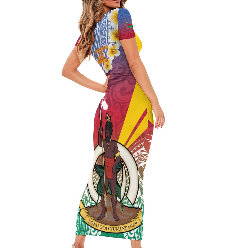 Shefa Province Family Matching Short Sleeve Bodycon Dress and Hawaiian Shirt Vanuatu Pattern Map - Plumeria Flag Color