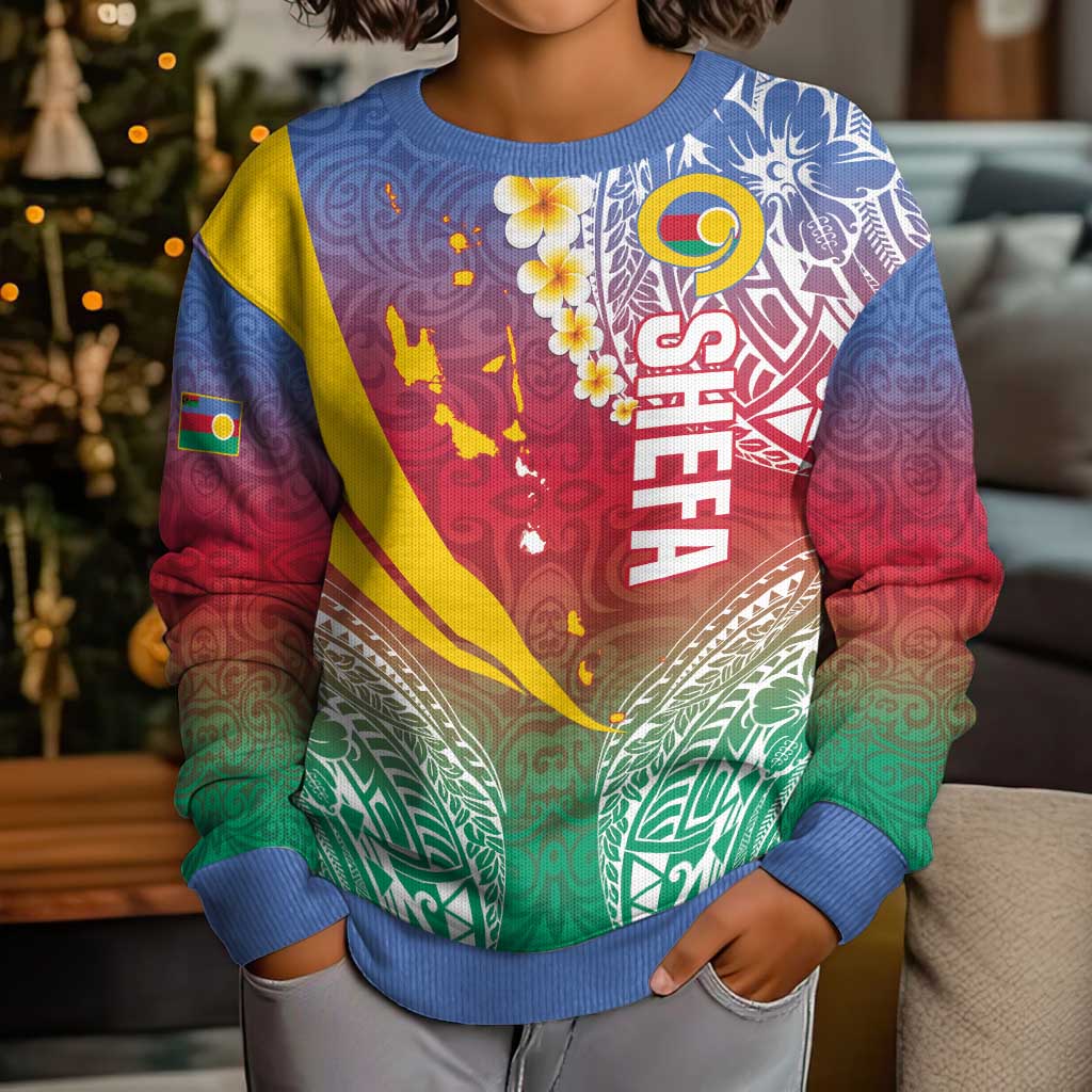 Shefa Province Kid Ugly Christmas Sweater Vanuatu Pattern Map - Plumeria Flag Color