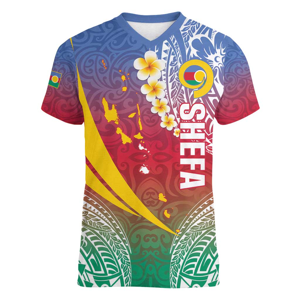 Shefa Province Women V-Neck T-Shirt Vanuatu Pattern Map - Plumeria Flag Color