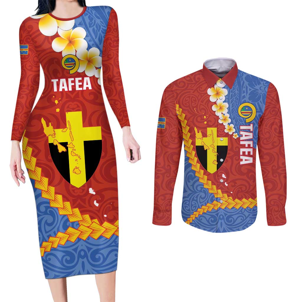 Tafea Province Couples Matching Long Sleeve Bodycon Dress and Long Sleeve Button Shirt Vanuatu Pattern Map - Plumeria Flag Color