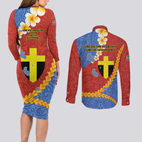 Tafea Province Couples Matching Long Sleeve Bodycon Dress and Long Sleeve Button Shirt Vanuatu Pattern Map - Plumeria Flag Color