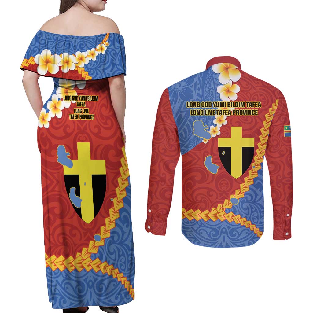 Tafea Province Couples Matching Off Shoulder Maxi Dress and Long Sleeve Button Shirt Vanuatu Pattern Map - Plumeria Flag Color