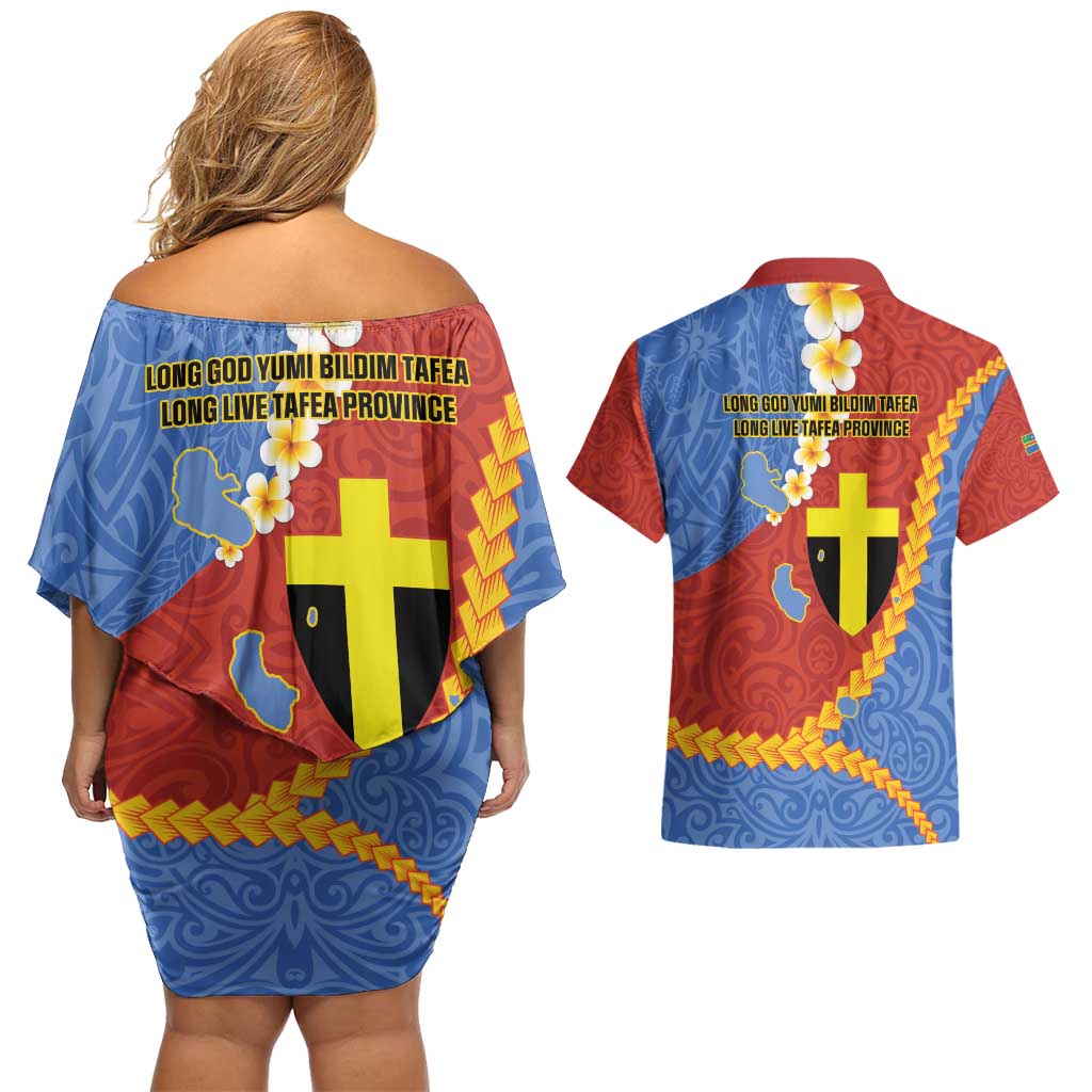 Tafea Province Couples Matching Off Shoulder Short Dress and Hawaiian Shirt Vanuatu Pattern Map - Plumeria Flag Color