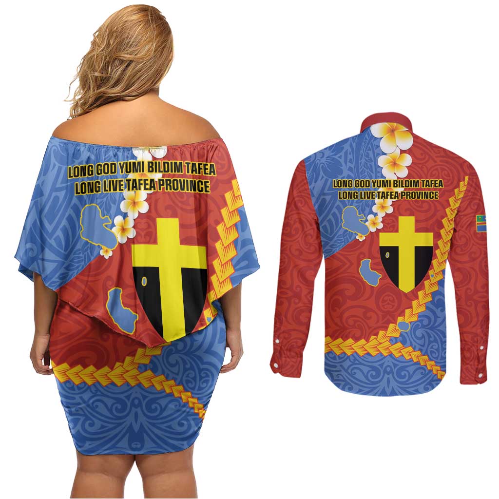 Tafea Province Couples Matching Off Shoulder Short Dress and Long Sleeve Button Shirt Vanuatu Pattern Map - Plumeria Flag Color