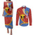 Tafea Province Couples Matching Puletasi and Long Sleeve Button Shirt Vanuatu Pattern Map - Plumeria Flag Color