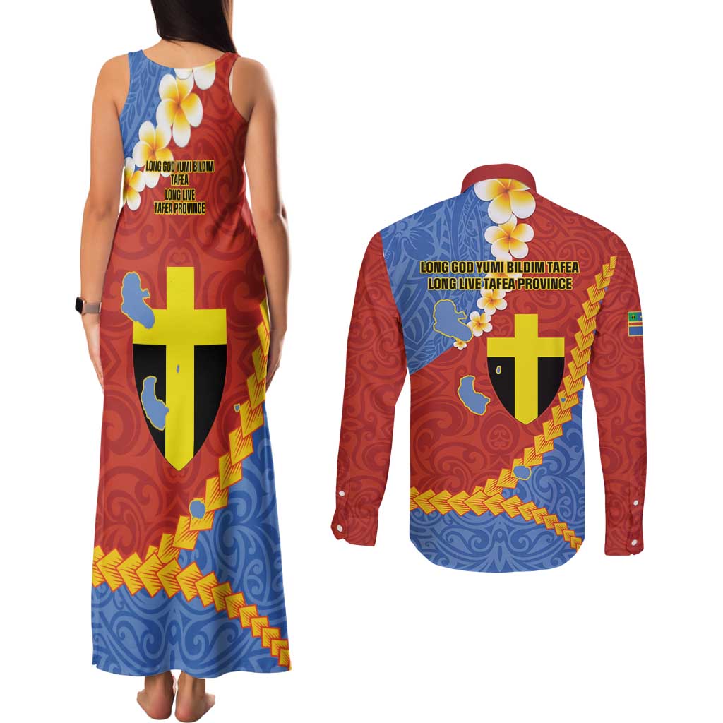 Tafea Province Couples Matching Tank Maxi Dress and Long Sleeve Button Shirt Vanuatu Pattern Map - Plumeria Flag Color