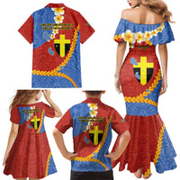 Tafea Province Family Matching Mermaid Dress and Hawaiian Shirt Vanuatu Pattern Map - Plumeria Flag Color