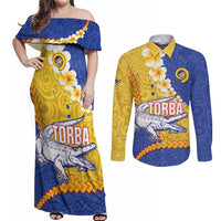 Torba Province Couples Matching Off Shoulder Maxi Dress and Long Sleeve Button Shirt Vanuatu Pattern Crocodile - Plumeria Flag Color