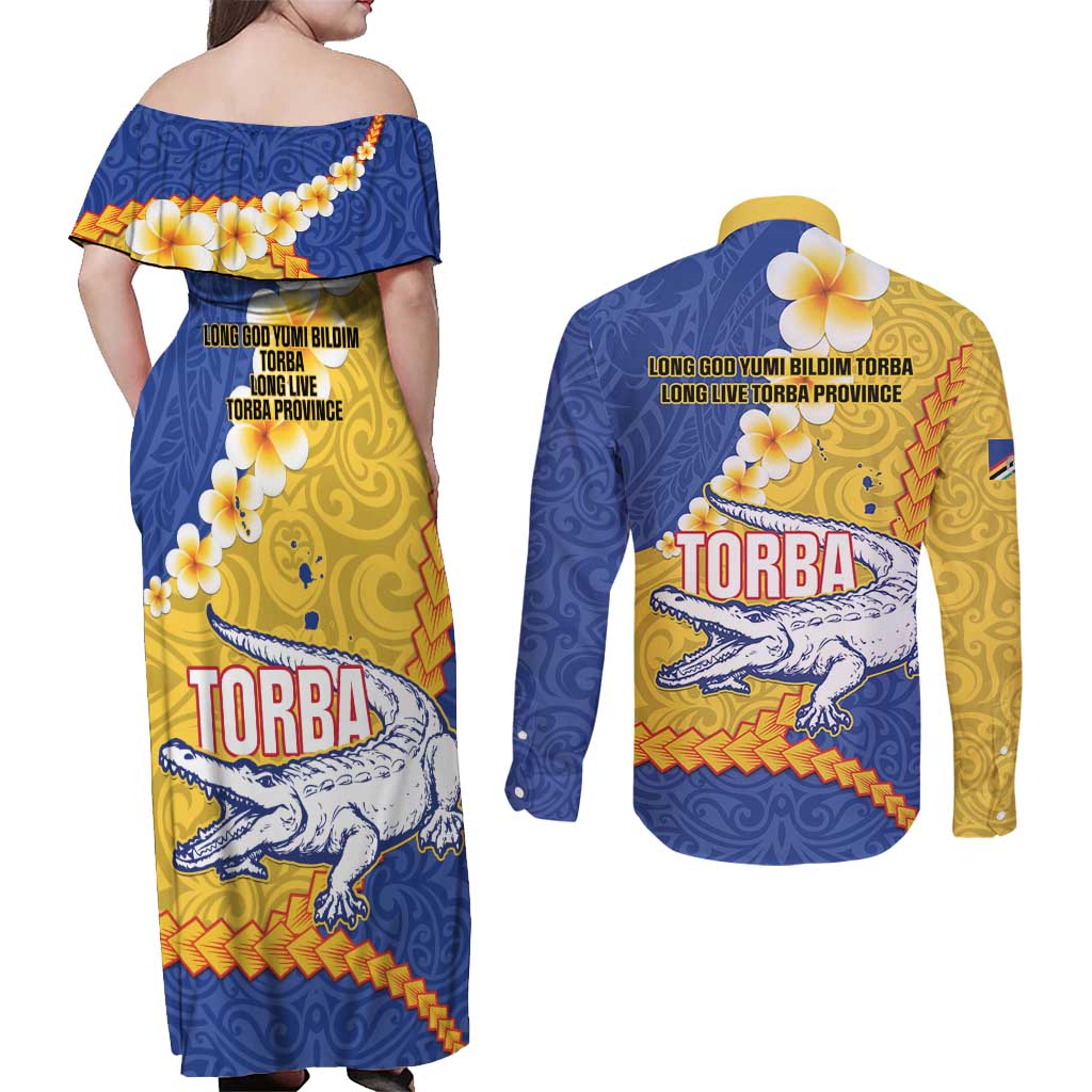 Torba Province Couples Matching Off Shoulder Maxi Dress and Long Sleeve Button Shirt Vanuatu Pattern Crocodile - Plumeria Flag Color