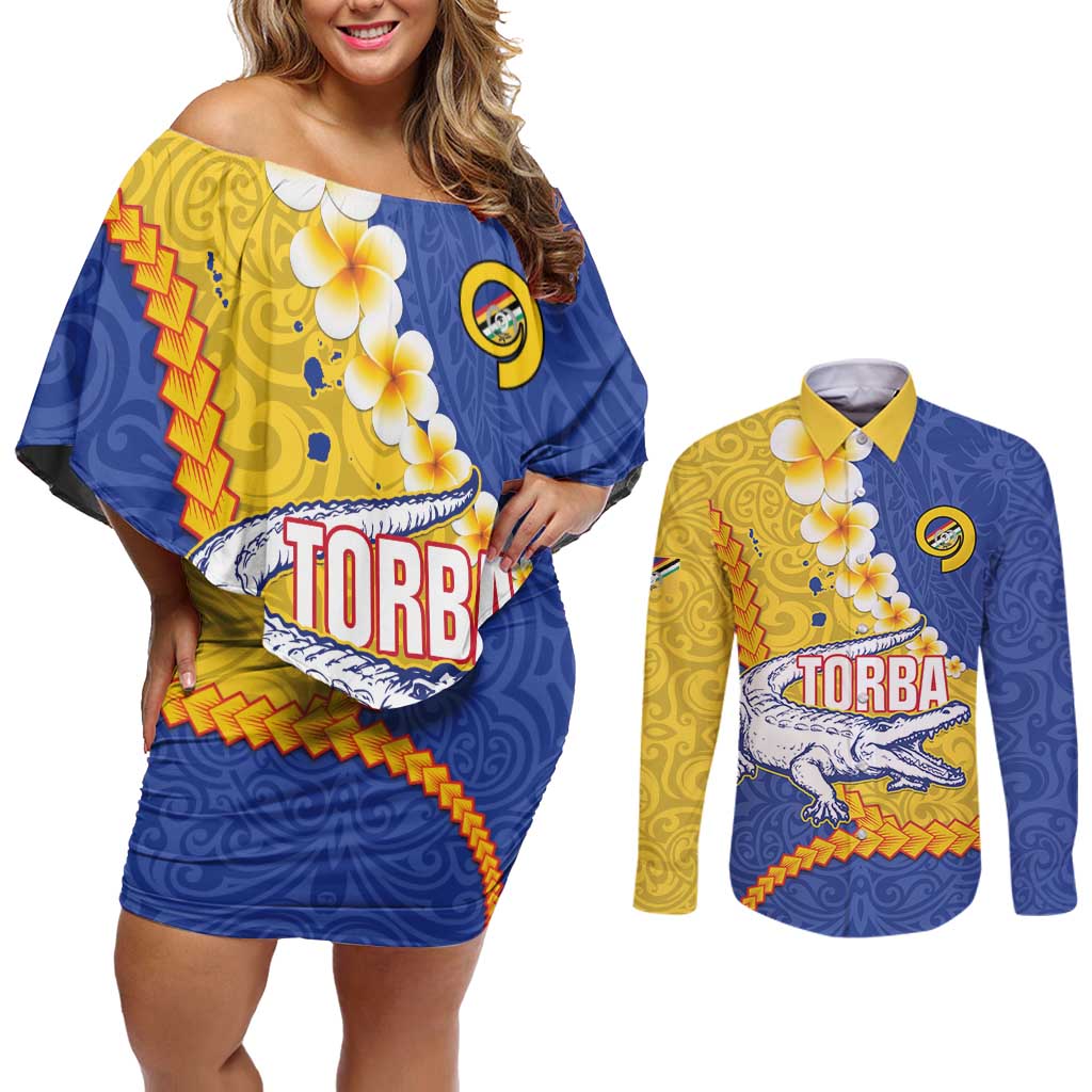 Torba Province Couples Matching Off Shoulder Short Dress and Long Sleeve Button Shirt Vanuatu Pattern Crocodile - Plumeria Flag Color