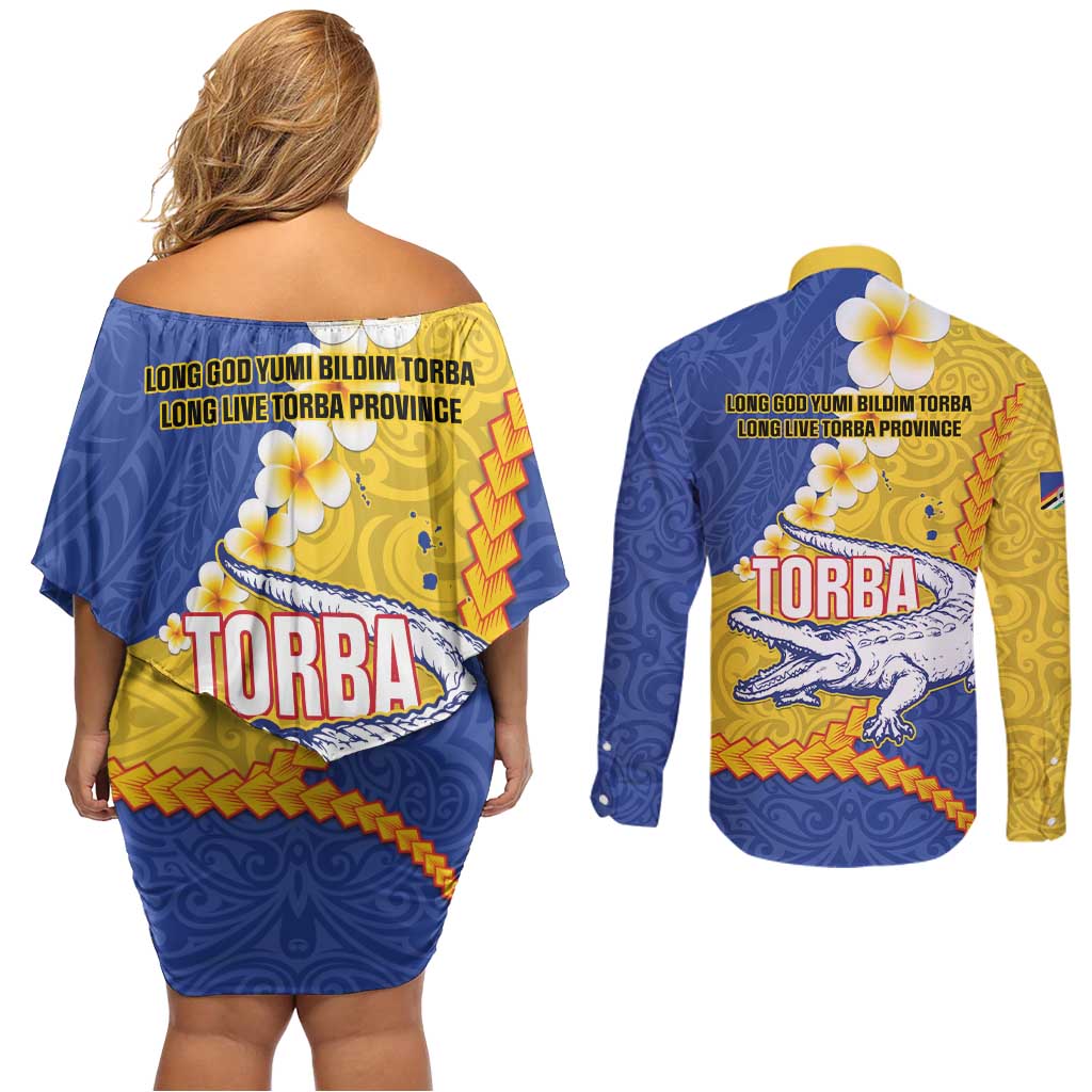 Torba Province Couples Matching Off Shoulder Short Dress and Long Sleeve Button Shirt Vanuatu Pattern Crocodile - Plumeria Flag Color