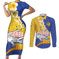Torba Province Couples Matching Short Sleeve Bodycon Dress and Long Sleeve Button Shirt Vanuatu Pattern Crocodile - Plumeria Flag Color