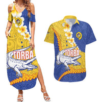 Torba Province Couples Matching Summer Maxi Dress and Hawaiian Shirt Vanuatu Pattern Crocodile - Plumeria Flag Color