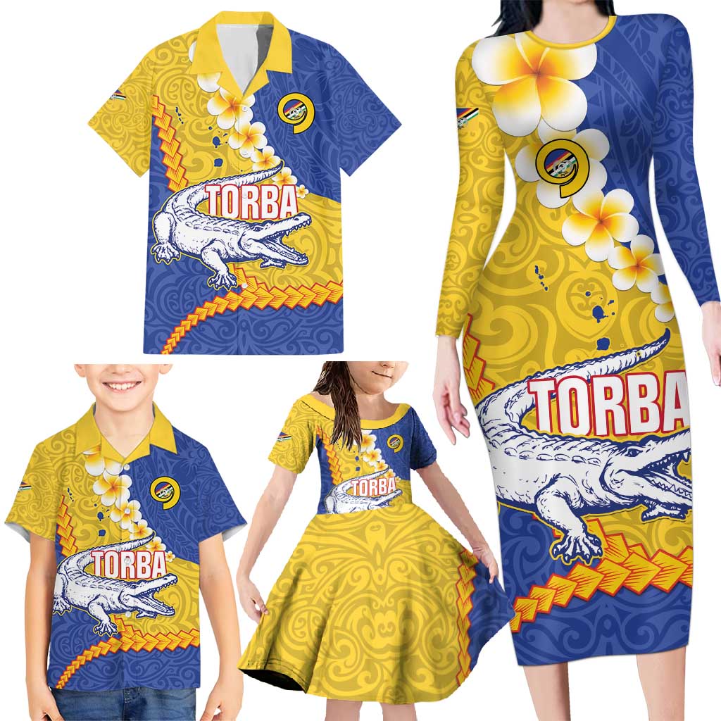 Torba Province Family Matching Long Sleeve Bodycon Dress and Hawaiian Shirt Vanuatu Pattern Crocodile - Plumeria Flag Color