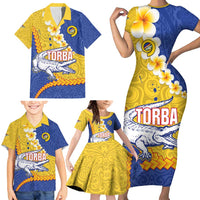 Torba Province Family Matching Short Sleeve Bodycon Dress and Hawaiian Shirt Vanuatu Pattern Crocodile - Plumeria Flag Color