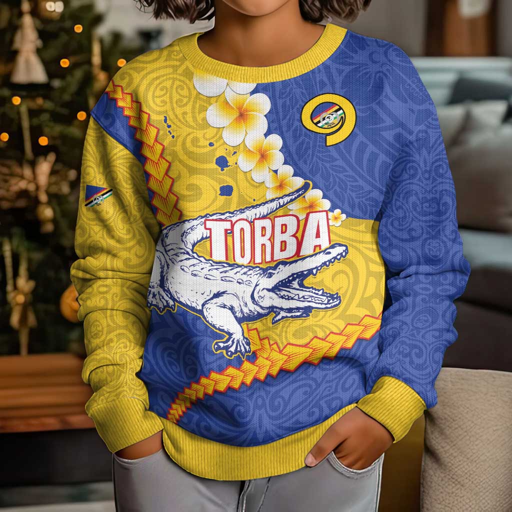 Torba Province Kid Ugly Christmas Sweater Vanuatu Pattern Crocodile - Plumeria Flag Color