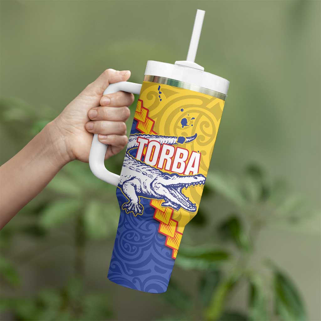 Torba Province Tumbler With Handle Vanuatu Pattern Crocodile With Plumeria Flag Color