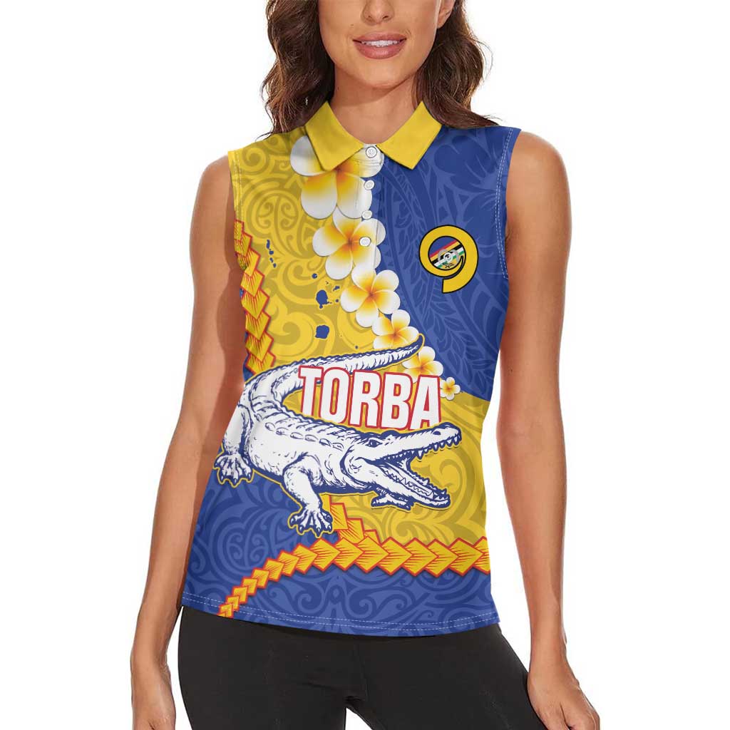 Torba Province Women Sleeveless Polo Shirt Vanuatu Pattern Crocodile - Plumeria Flag Color