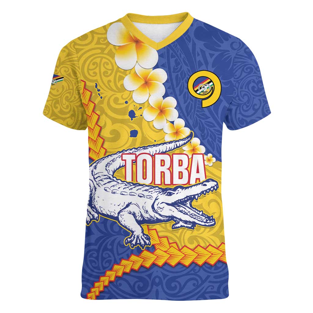 Torba Province Women V-Neck T-Shirt Vanuatu Pattern Crocodile - Plumeria Flag Color