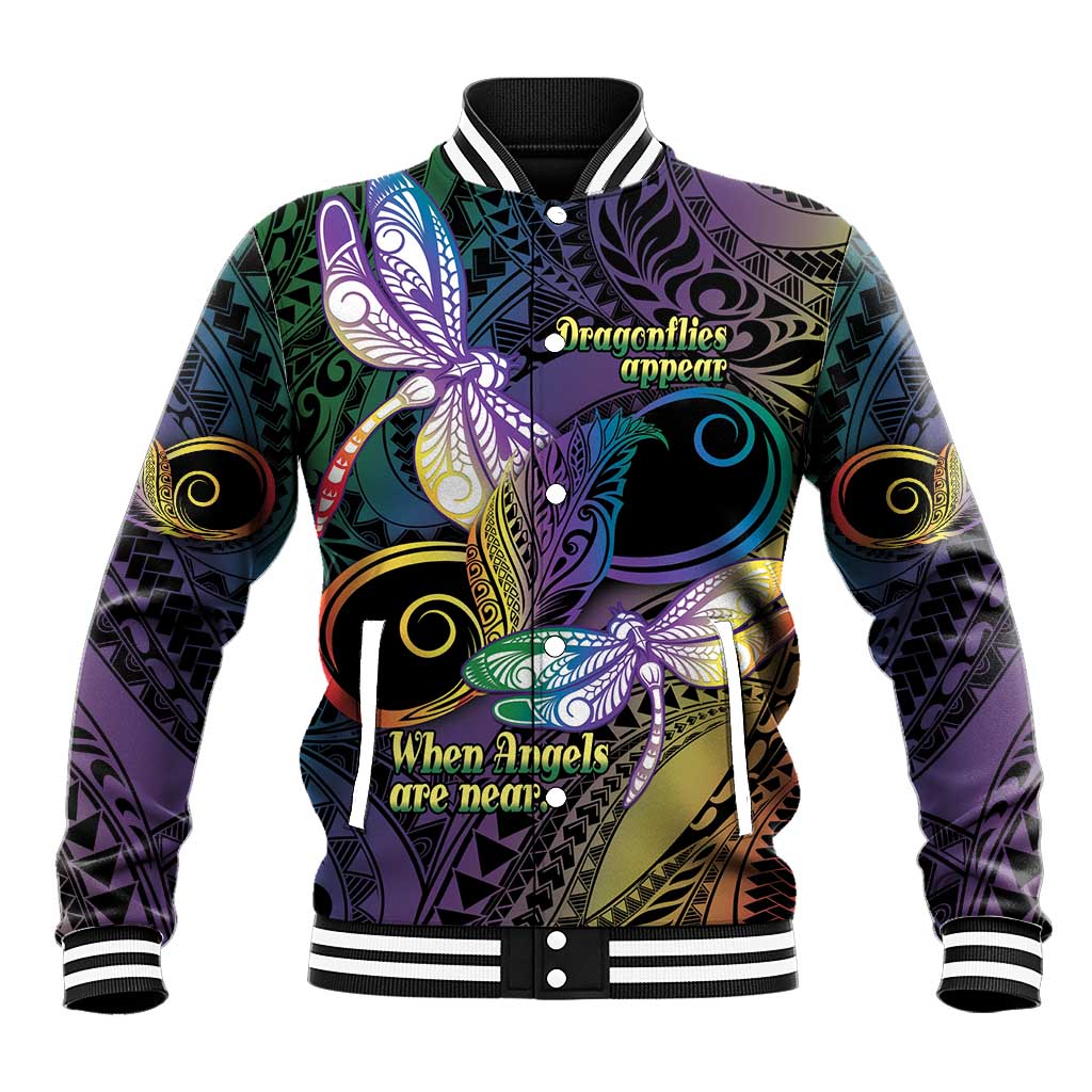 Personalized Polynesian Memorial Baseball Jacket Dragonflies Appear When Angels Are Near
