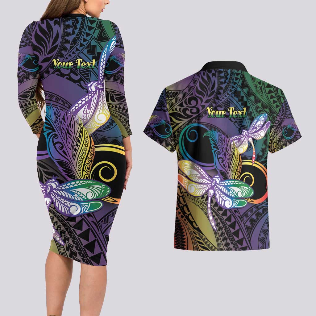 Personalized Polynesian Memorial Couples Matching Long Sleeve Bodycon Dress and Hawaiian Shirt Dragonflies Appear When Angels Are Near