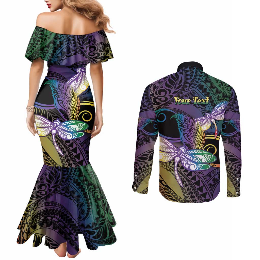 Personalized Polynesian Memorial Couples Matching Mermaid Dress and Long Sleeve Button Shirt Dragonflies Appear When Angels Are Near