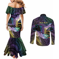 Personalized Polynesian Memorial Couples Matching Mermaid Dress and Long Sleeve Button Shirt Dragonflies Appear When Angels Are Near