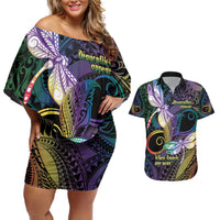 Personalized Polynesian Memorial Couples Matching Off Shoulder Short Dress and Hawaiian Shirt Dragonflies Appear When Angels Are Near