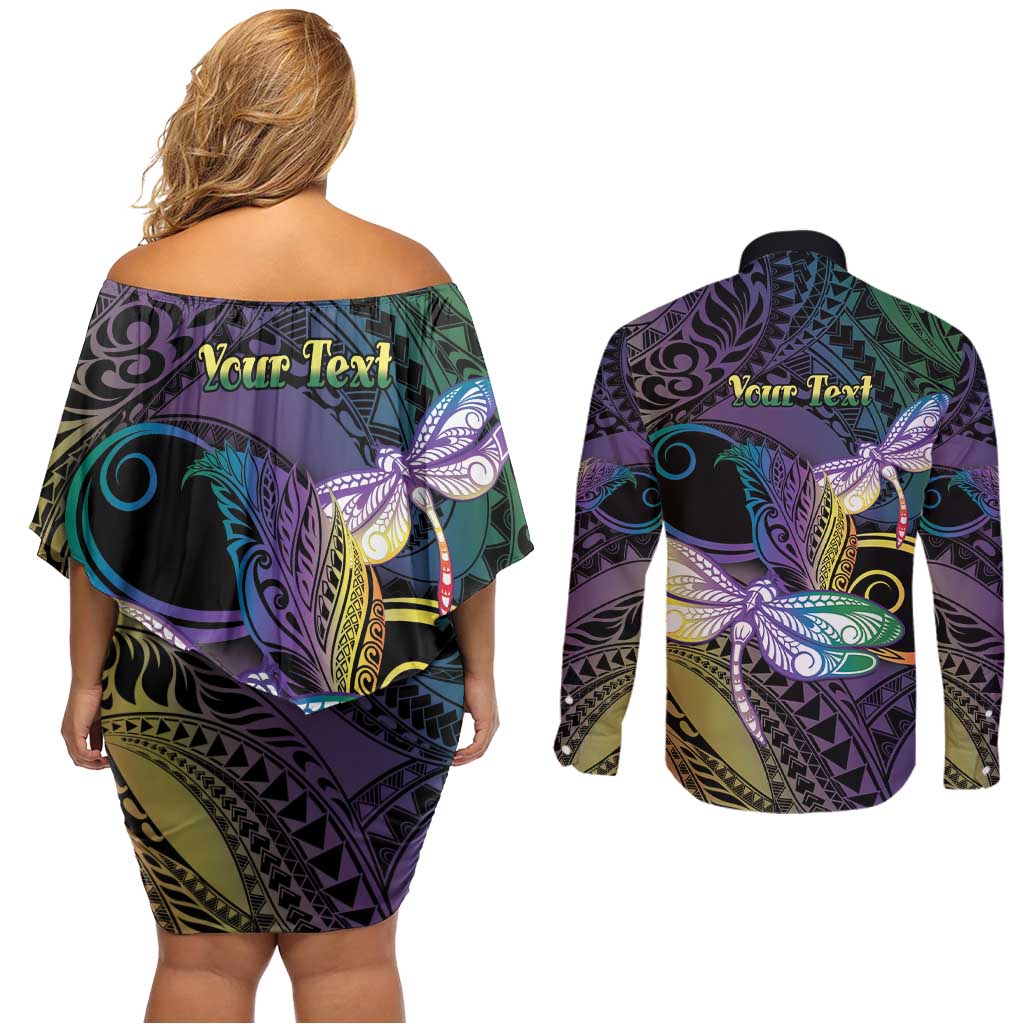 Personalized Polynesian Memorial Couples Matching Off Shoulder Short Dress and Long Sleeve Button Shirt Dragonflies Appear When Angels Are Near