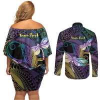 Personalized Polynesian Memorial Couples Matching Off Shoulder Short Dress and Long Sleeve Button Shirt Dragonflies Appear When Angels Are Near