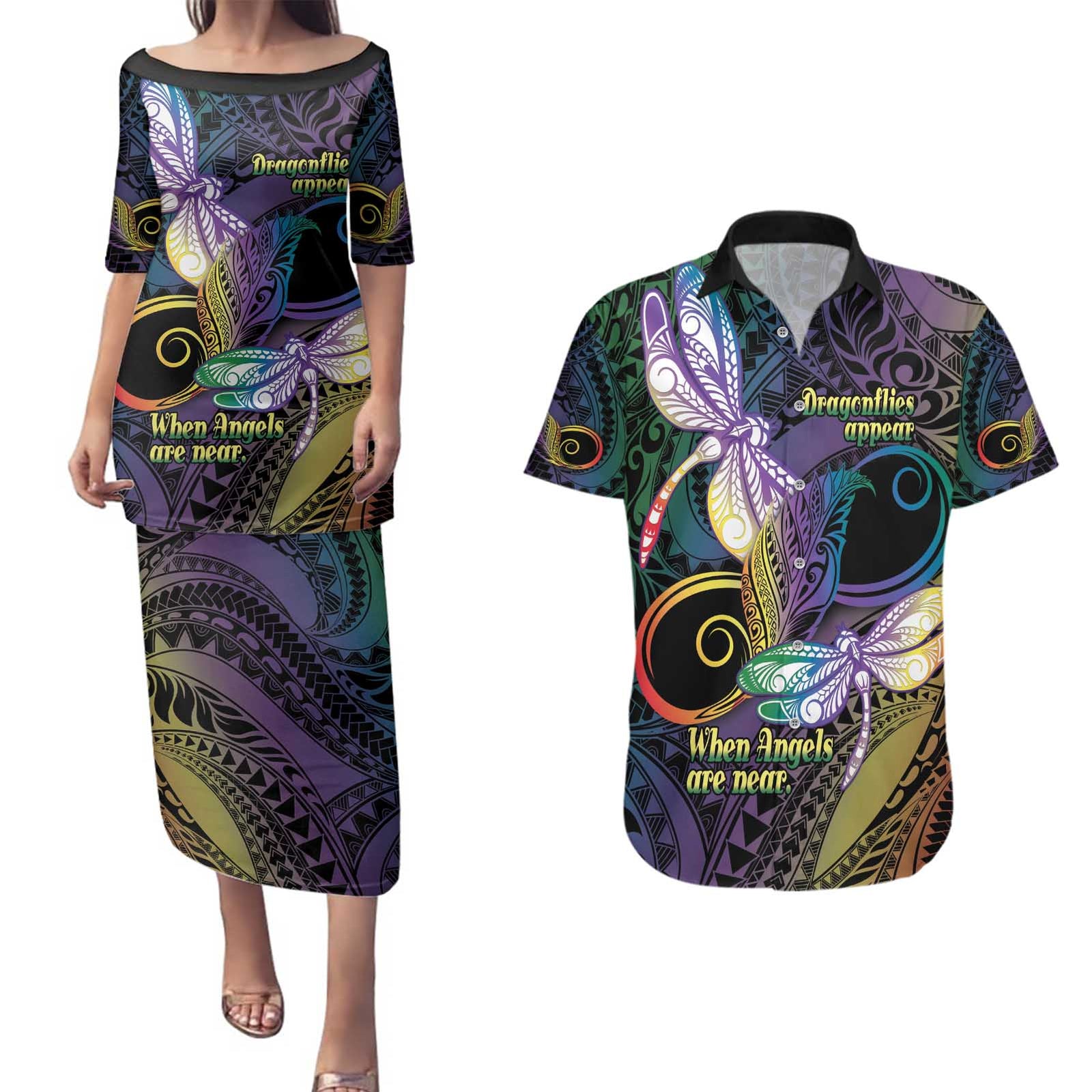 Personalized Polynesian Memorial Couples Matching Puletasi and Hawaiian Shirt Dragonflies Appear When Angels Are Near