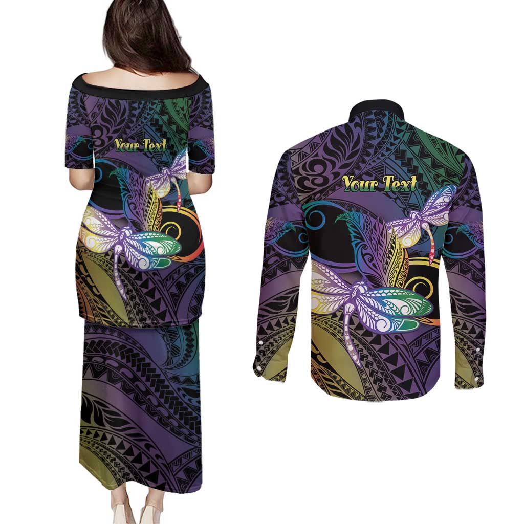 Personalized Polynesian Memorial Couples Matching Puletasi and Long Sleeve Button Shirt Dragonflies Appear When Angels Are Near