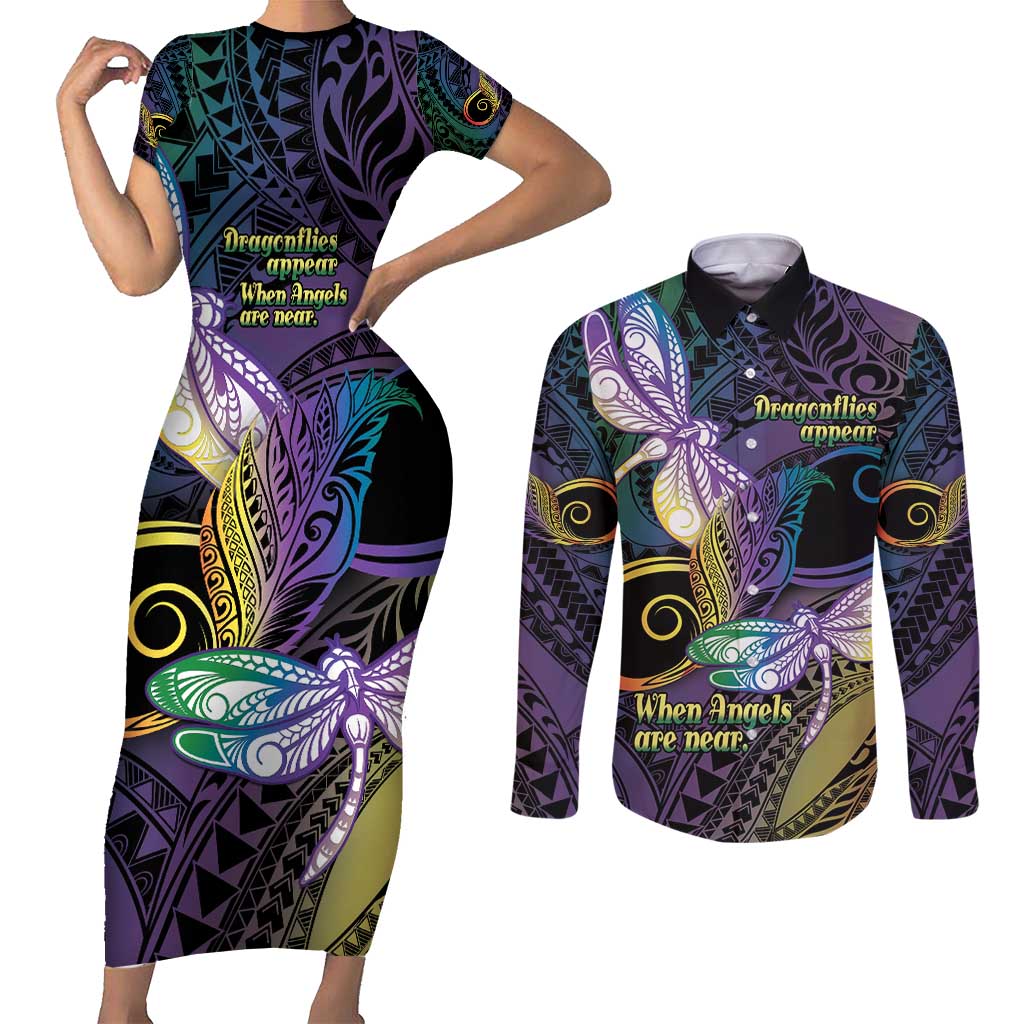 Personalized Polynesian Memorial Couples Matching Short Sleeve Bodycon Dress and Long Sleeve Button Shirt Dragonflies Appear When Angels Are Near