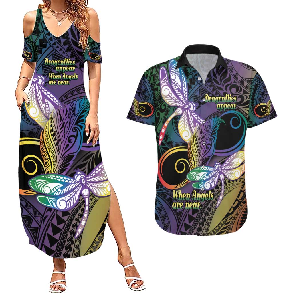 Personalized Polynesian Memorial Couples Matching Summer Maxi Dress and Hawaiian Shirt Dragonflies Appear When Angels Are Near