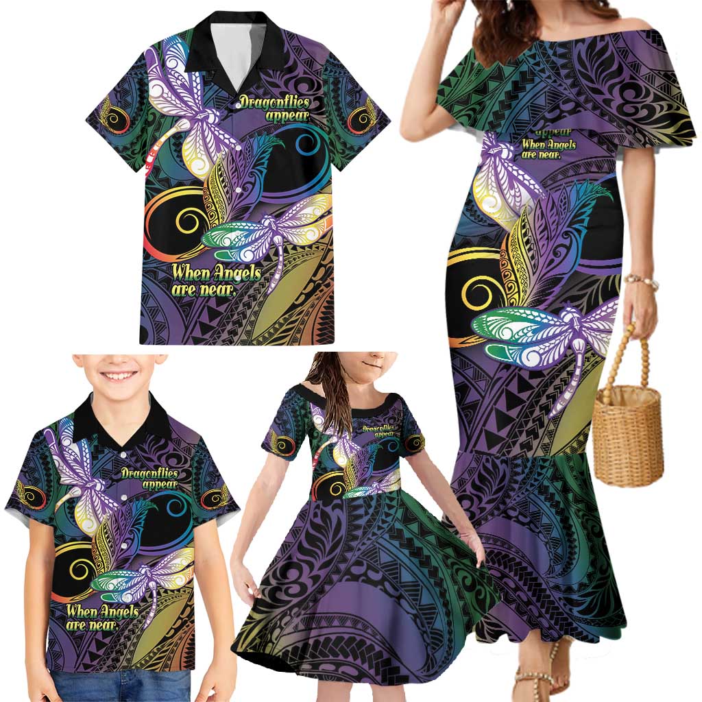 Personalized Polynesian Memorial Family Matching Mermaid Dress and Hawaiian Shirt Dragonflies Appear When Angels Are Near