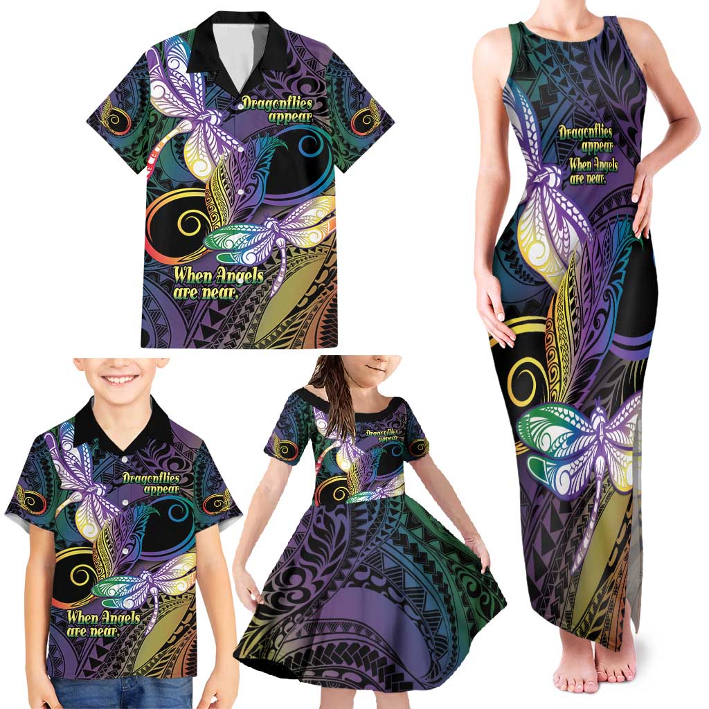 Personalized Polynesian Memorial Family Matching Tank Maxi Dress and Hawaiian Shirt Dragonflies Appear When Angels Are Near