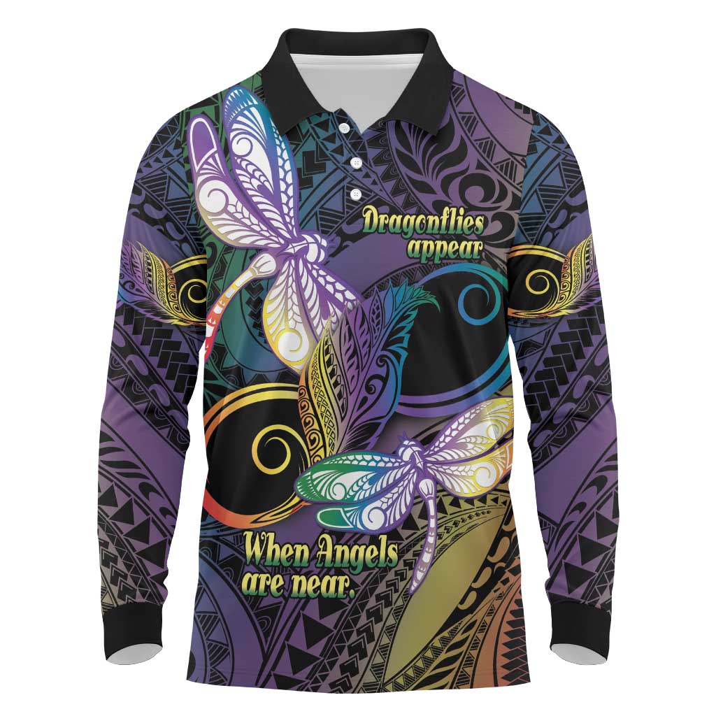 Personalized Polynesian Memorial Long Sleeve Polo Shirt Dragonflies Appear When Angels Are Near
