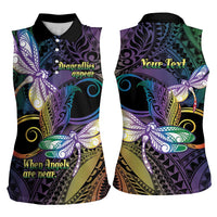 Personalized Polynesian Memorial Women Sleeveless Polo Shirt Dragonflies Appear When Angels Are Near
