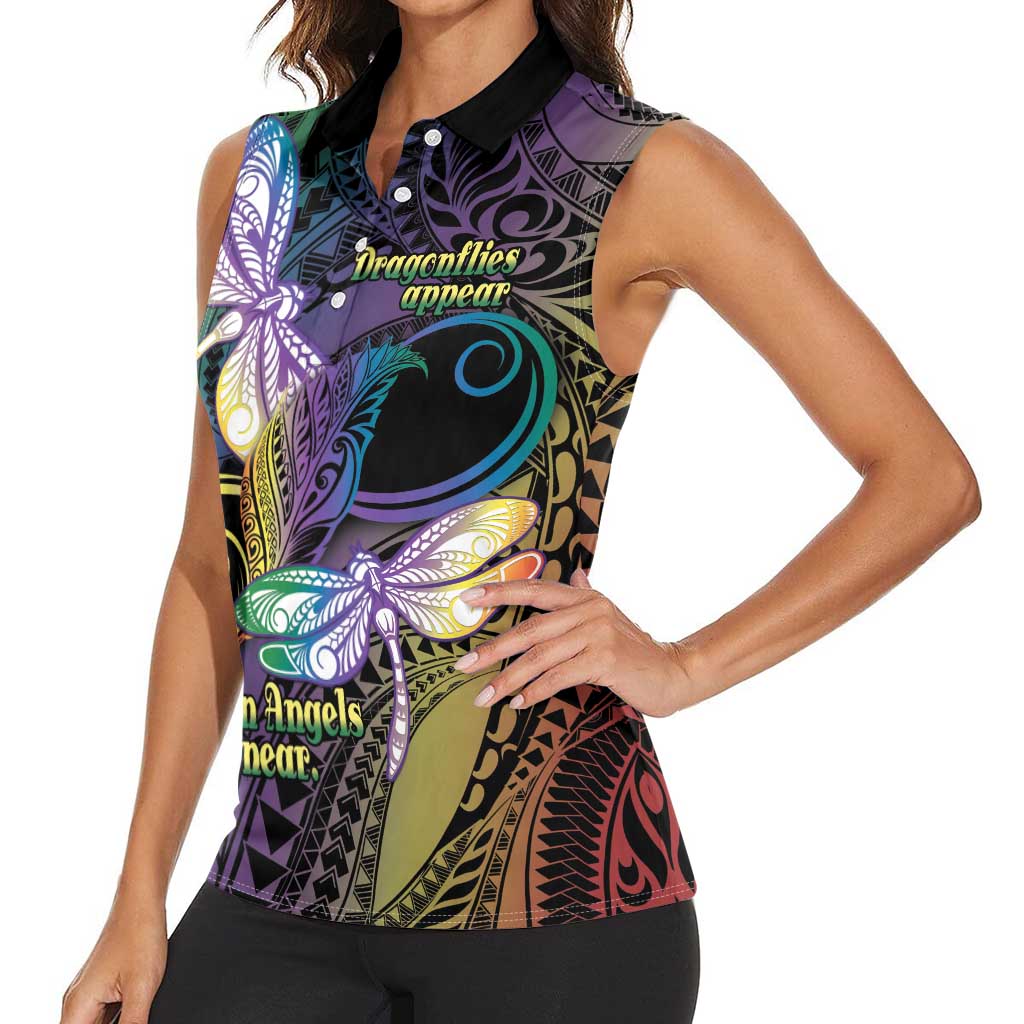 Personalized Polynesian Memorial Women Sleeveless Polo Shirt Dragonflies Appear When Angels Are Near