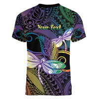 Personalized Polynesian Memorial Women V-Neck T-Shirt Dragonflies Appear When Angels Are Near