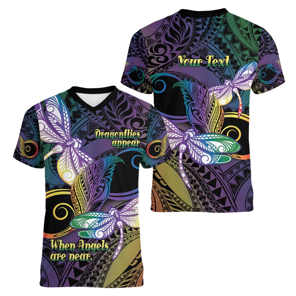 Personalized Polynesian Memorial Women V-Neck T-Shirt Dragonflies Appear When Angels Are Near