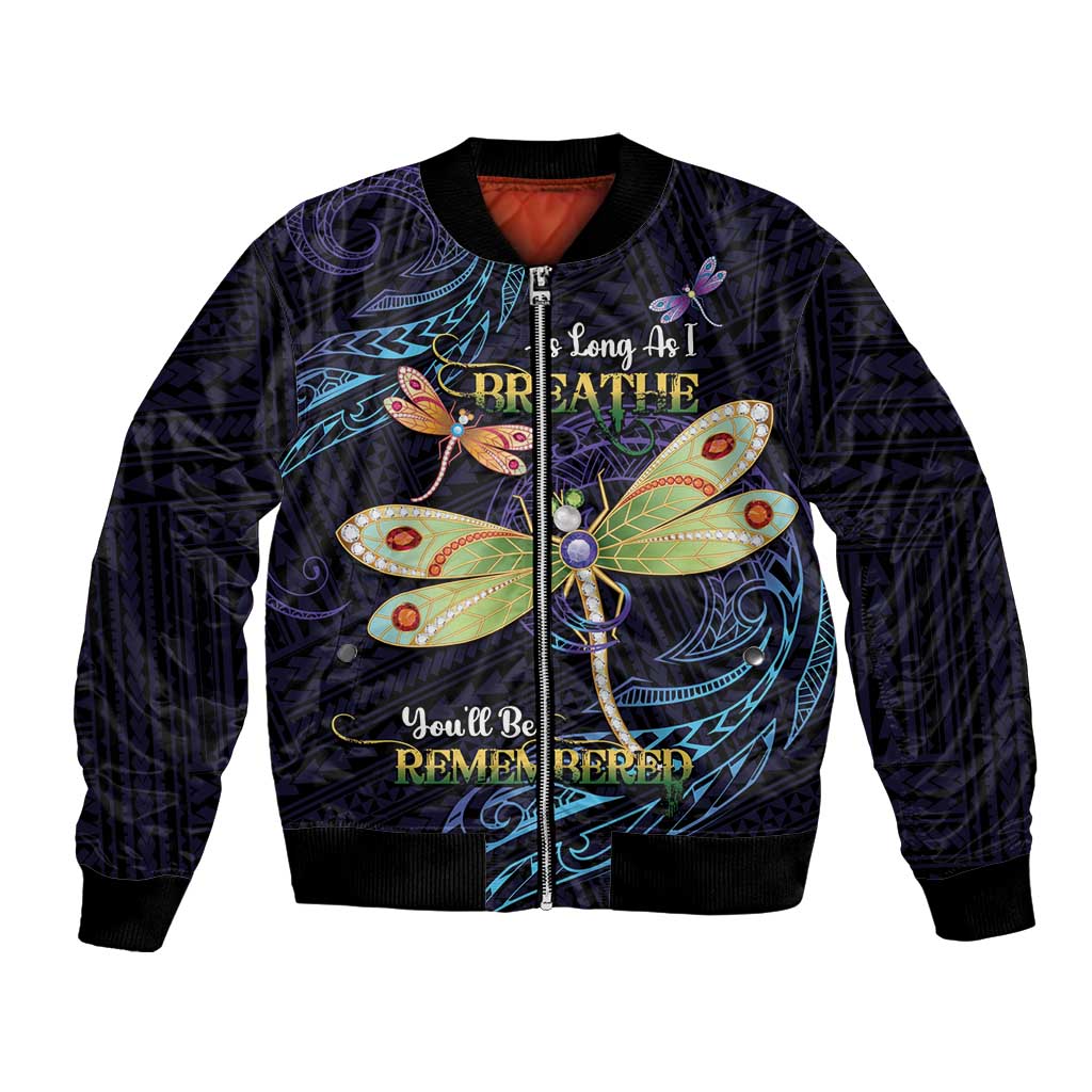 As Long As I Breathe You'll Be Remembered Bomber Jacket Dragonflies Memorial - Polynesian Pattern LT14 Unisex Black - Polynesian Pride