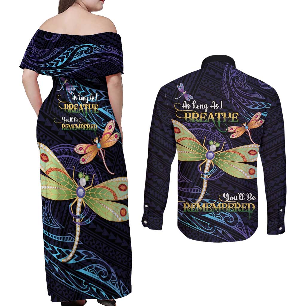 As Long As I Breathe You'll Be Remembered Couples Matching Off Shoulder Maxi Dress and Long Sleeve Button Shirt Dragonflies Memorial - Polynesian Pattern