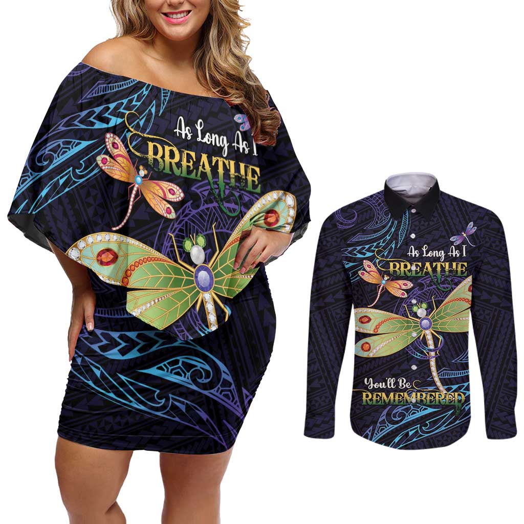 As Long As I Breathe You'll Be Remembered Couples Matching Off Shoulder Short Dress and Long Sleeve Button Shirt Dragonflies Memorial - Polynesian Pattern
