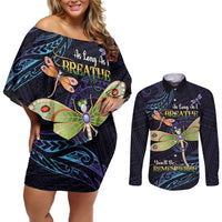 As Long As I Breathe You'll Be Remembered Couples Matching Off Shoulder Short Dress and Long Sleeve Button Shirt Dragonflies Memorial - Polynesian Pattern