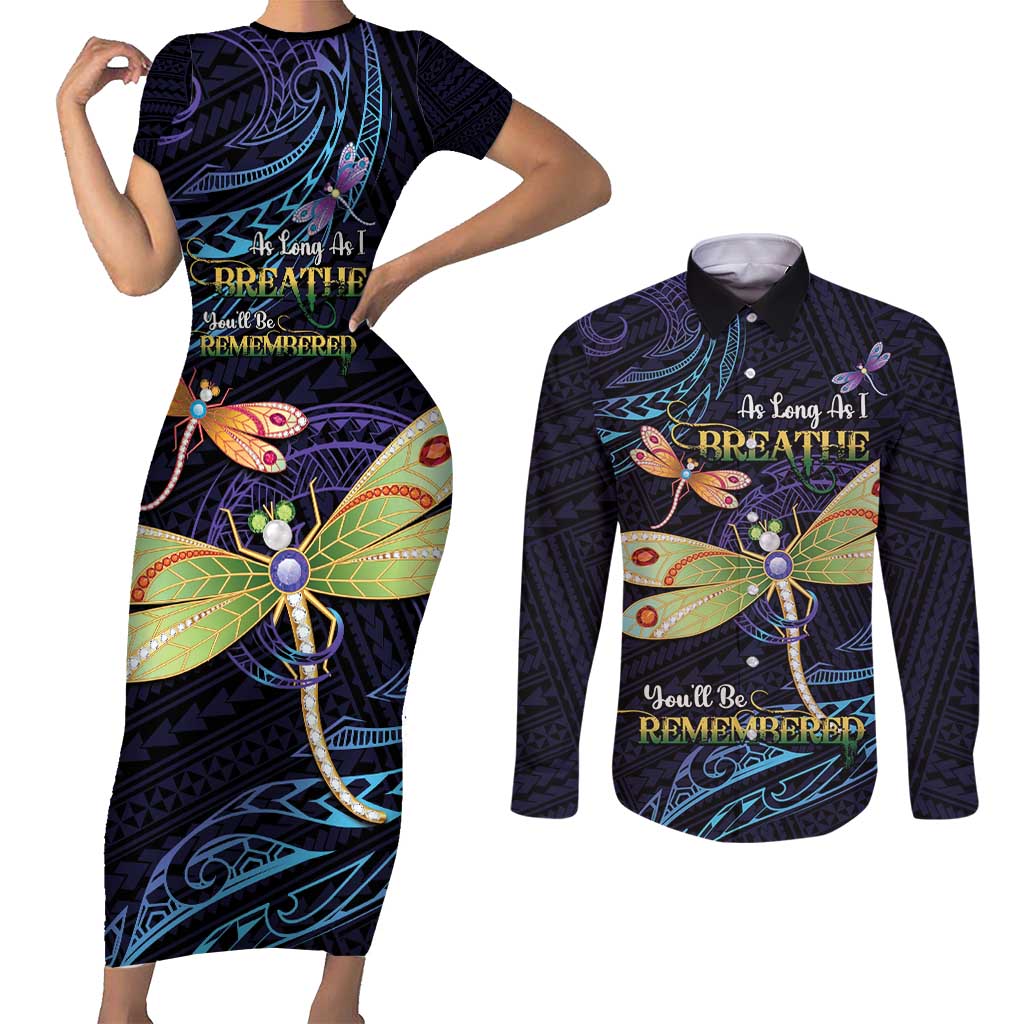As Long As I Breathe You'll Be Remembered Couples Matching Short Sleeve Bodycon Dress and Long Sleeve Button Shirt Dragonflies Memorial - Polynesian Pattern