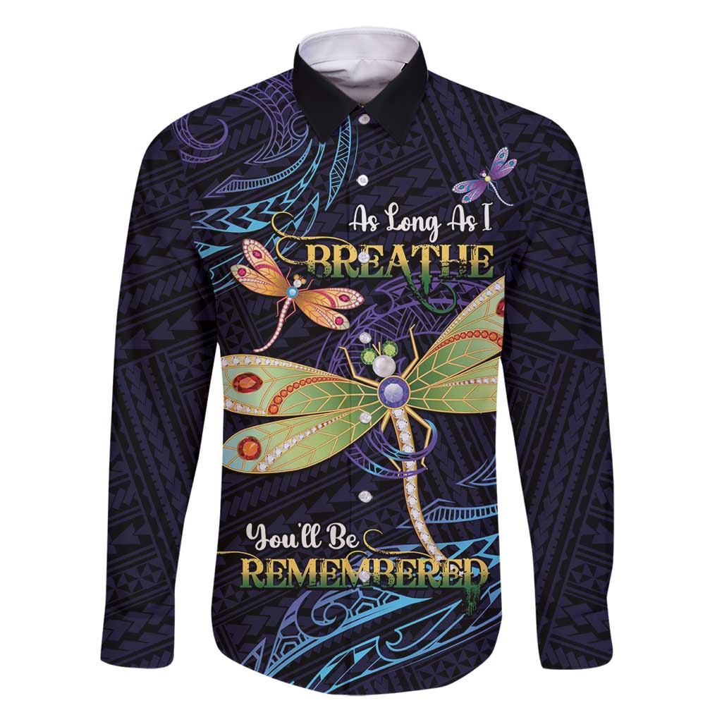 As Long As I Breathe You'll Be Remembered Family Matching Long Sleeve Bodycon Dress and Hawaiian Shirt Dragonflies Memorial - Polynesian Pattern LT14 Dad's Shirt - Long Sleeve Black - Polynesian Pride