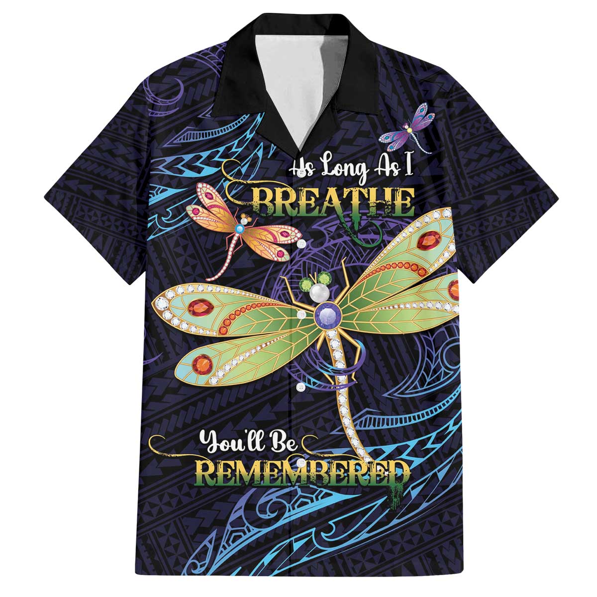 As Long As I Breathe You'll Be Remembered Family Matching Off The Shoulder Long Sleeve Dress and Hawaiian Shirt Dragonflies Memorial - Polynesian Pattern